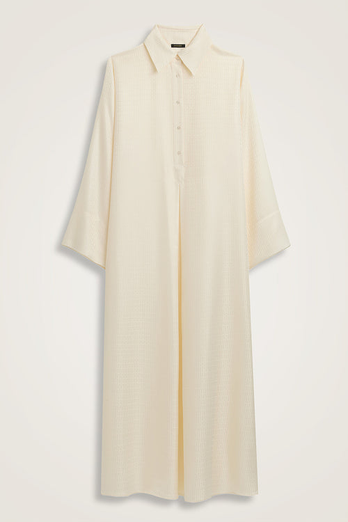 Iman I Cream Pleated Buttoned Jacquard Silk Dress