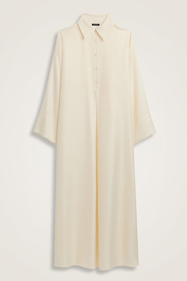 Iman I Cream Pleated Buttoned Jacquard Silk Dress