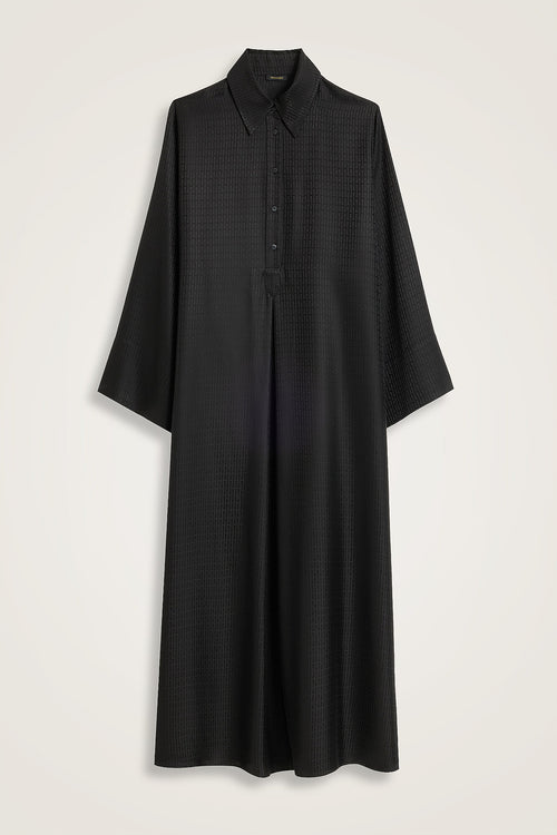 Iman I Black Pleated Jacquard Silk Dress