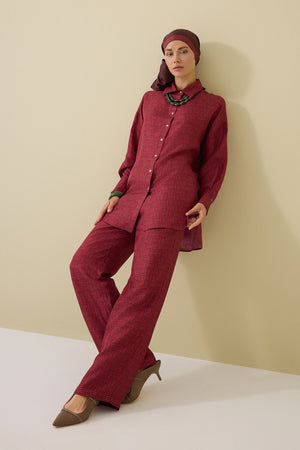 Iman Square Textured Burgundy Silk Shirt