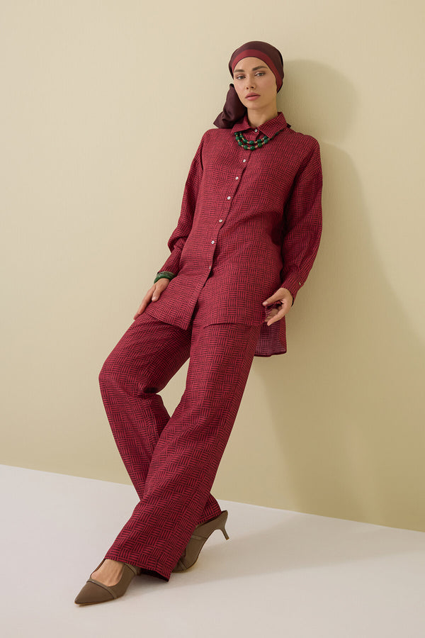 Iman Square Textured Burgundy Silk Shirt