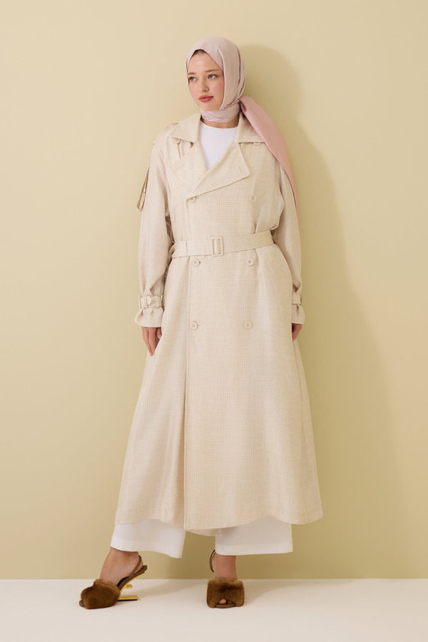 Iman Square Textured Ecru Silk Trench Coat