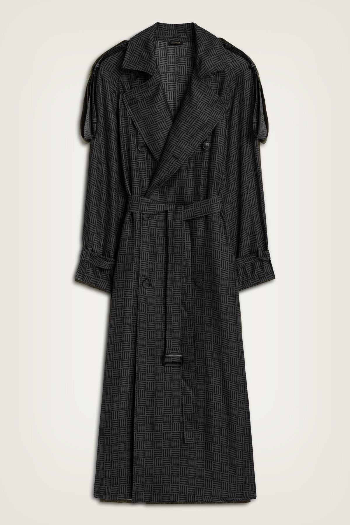 İman Kare Dokulu Siyah İpek Trençkot