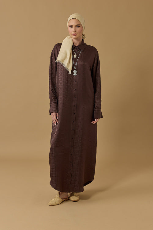 Iman Square Brown Jacquard Silk Shirt Dress