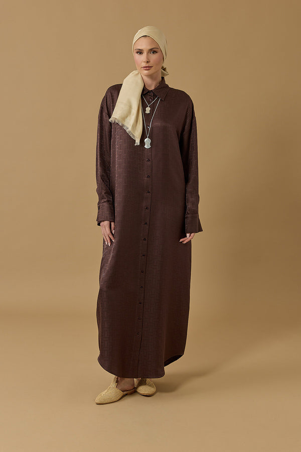 Iman Square Brown Jacquard Silk Shirt Dress
