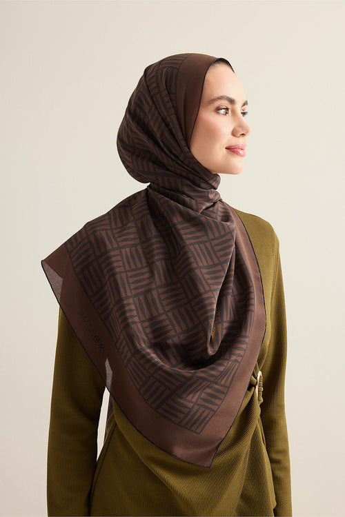 Iman Square Brown Crepe Silk Shirt Scarf