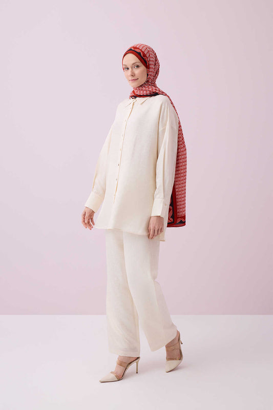 İman Kare Krem İpek Pijama Gömlek