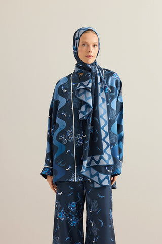 İman'ın Gülü Lacivert Krep İpek Kimono Şalı 70x210