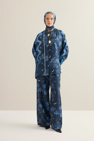 İman'ın Gülü Lacivert Tivil İpek Kimono