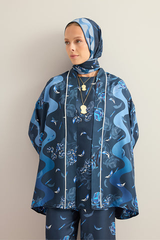 İman'ın Gülü Lacivert Tivil İpek Kimono