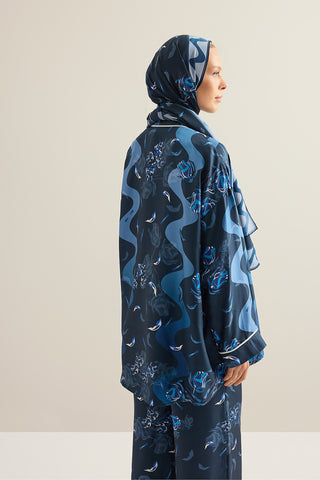 İman'ın Gülü Lacivert Tivil İpek Kimono