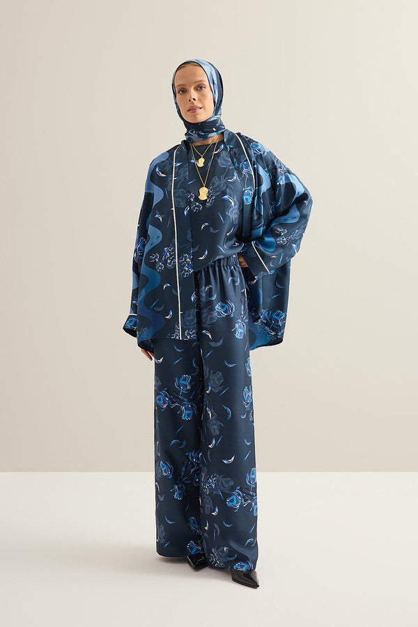 Iman's Rose Navy Blue Twill Silk Trousers
