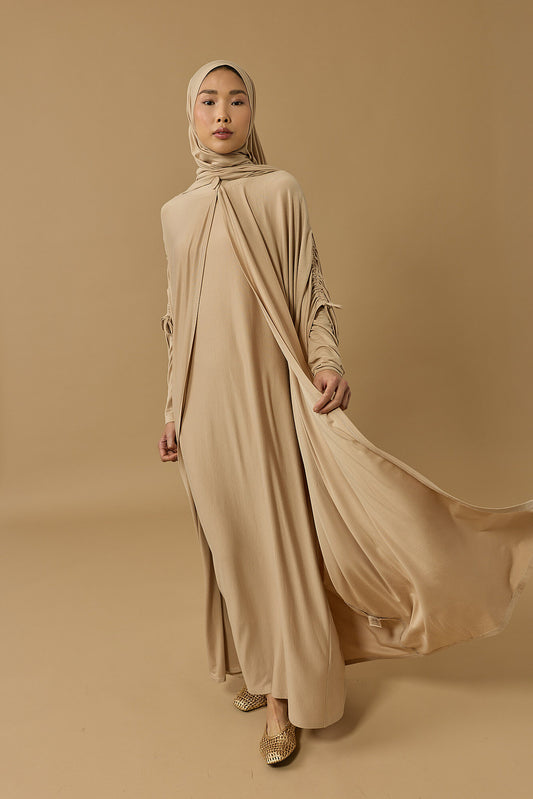 Aşka Yolculuk Bej Penye Abaya