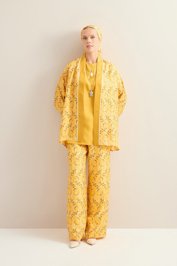 Imannoor Flower Yellow Twill Silk Short Kimono