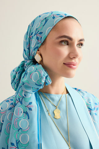 İmannoor Çiçeği Mavi Krep İpek Şal 70x210