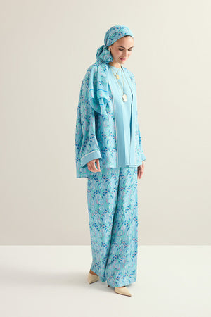 Imannoor Flower Blue Twill Silk Short Kimono