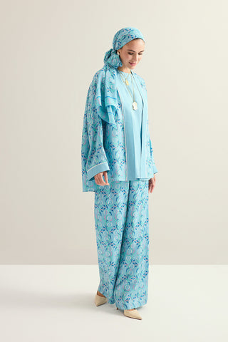 İmannoor Çiçeği Mavi Tivil İpek Kısa Kimono