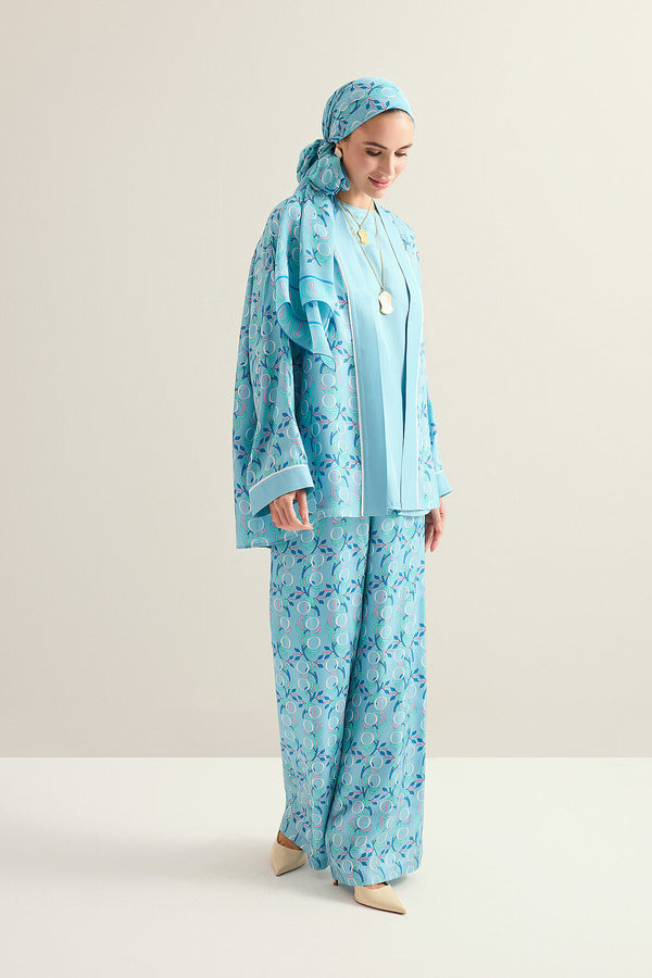 İmannoor Çiçeği Mavi Tivil İpek Kısa Kimono