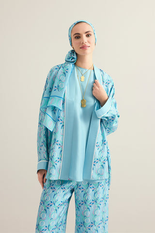 İmannoor Çiçeği Mavi Tivil İpek Kısa Kimono