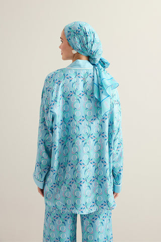 İmannoor Çiçeği Mavi Tivil İpek Kısa Kimono
