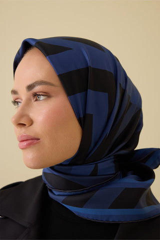 Çizgi Noor Lacivert Tivil İpek Eşarp 90x90