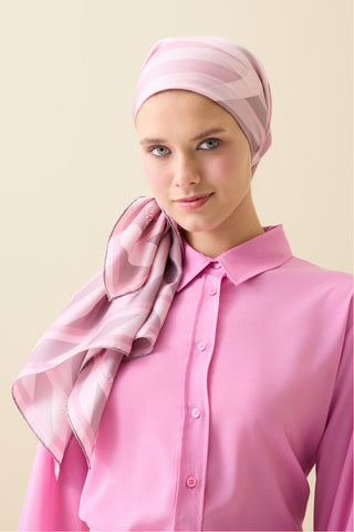 Çizgi Noor Pembe Tivil İpek Eşarp 90x90