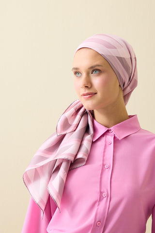 Çizgi Noor Pembe Tivil İpek Eşarp 90x90