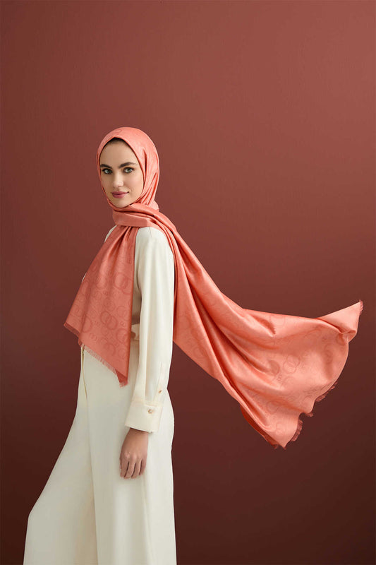 Noor Turuncu Jakarlı İpek Şal 70x200