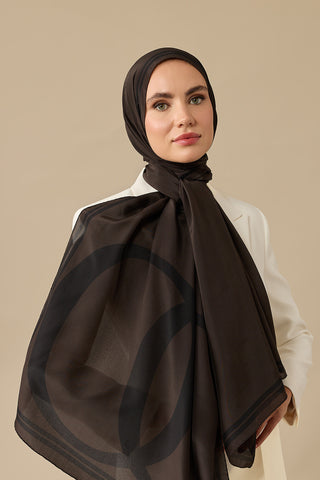 Noor Logo Kahverengi Krep İpek Şal 70x210