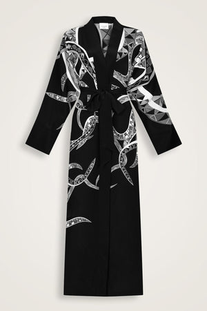 İmannoor x Rawdah Ahtapot Siyah-Beyaz İpek Kimono