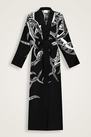 İmannoor x Rawdah Ahtapot Siyah-Beyaz İpek Kimono
