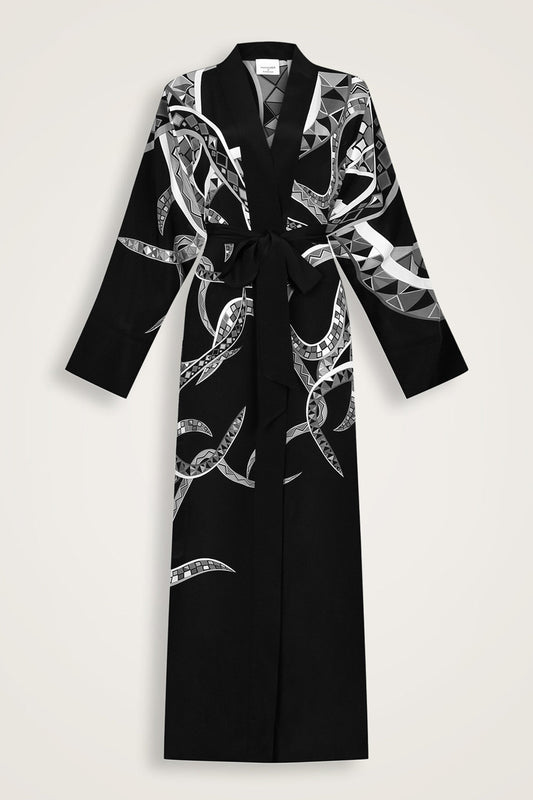 İmannoor x Rawdah Ahtapot Siyah-Beyaz İpek Kimono