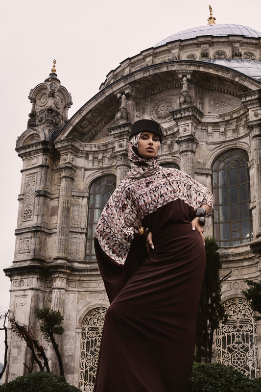 İmannoor x Rawdah Ahtapot Kahverengi Krep İpek Kaftan