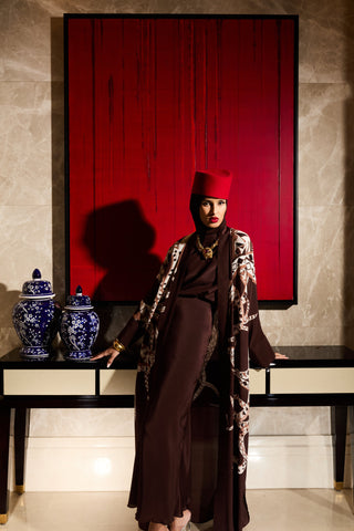 İmannoor x Rawdah Ahtapot Kahverengi Krep İpek Kimono