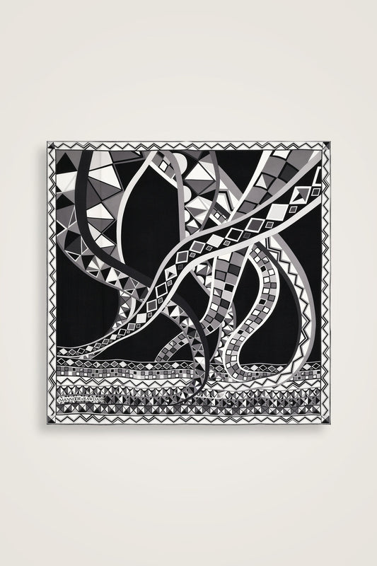 İmannoor x Rawdah Ahtapot Siyah-Beyaz İpek Büyük Eşarp 110x110
