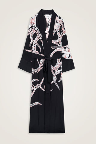 İmannoor x Rawdah Ahtapot Siyah-Pembe Krep İpek Kimono