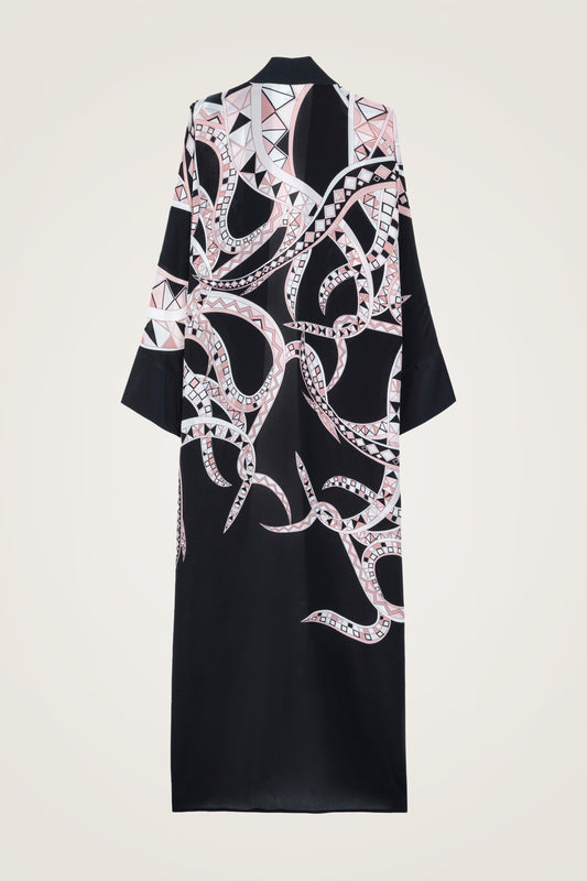 İmannoor x Rawdah Ahtapot Siyah-Pembe Krep İpek Kimono