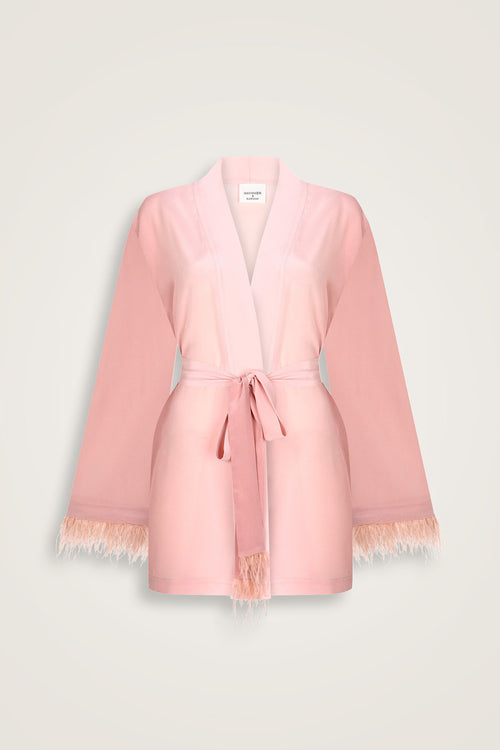 İmannoor x Rawdah Degrade Otrişli Pembe İpek Kısa Kimono