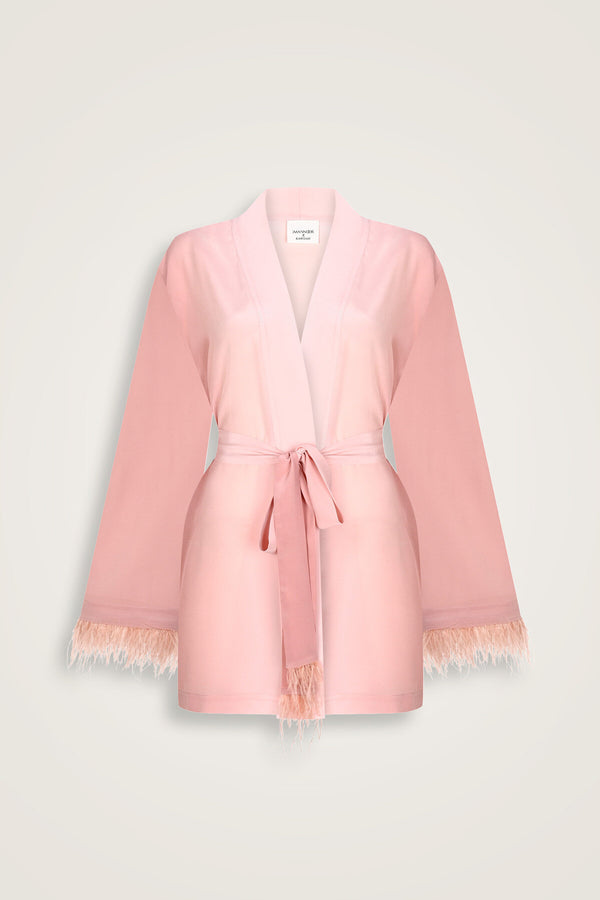 İmannoor x Rawdah Gradient Feathered Pink Silk Short Kimono