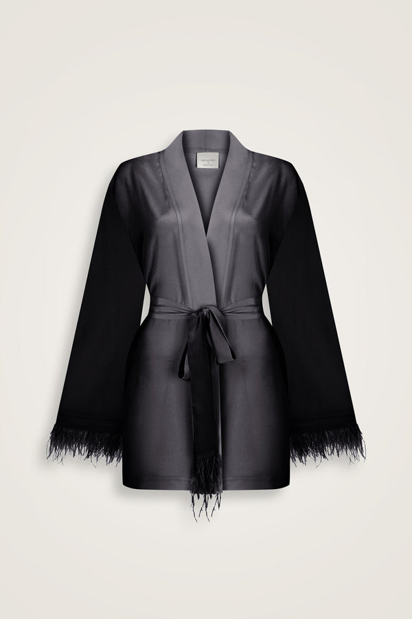 İmannoor x Rawdah Gradient Feathered Black-White Silk Short Kimono