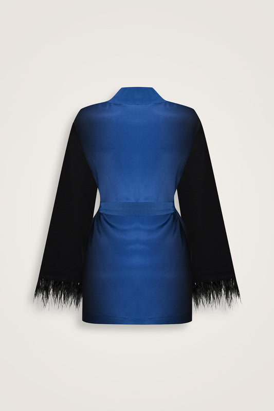 İmannoor x Rawdah Degrade Otrişli Siyah-Saks İpek Kısa Kimono