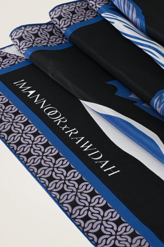 İmannoor x Rawdah Mekke Gülü Mavi-Siyah İpek Büyük Eşarp 110x110