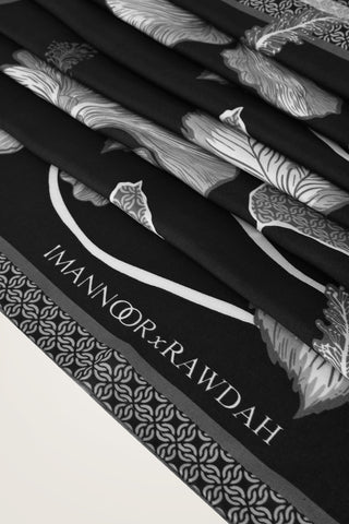İmannoor x Rawdah Mekke Gülü Siyah-Beyaz Floş Viskon Şal 70x210