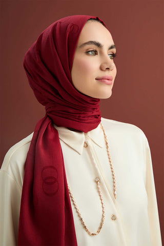 Zincir Kare Bordo Pamuk İpek Şal 70x210