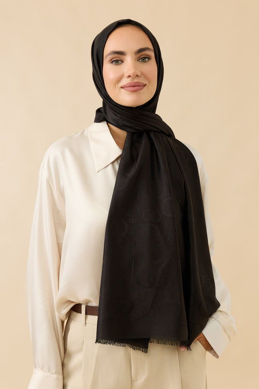 Noor Siyah Jakarlı İpek Şal 70x200