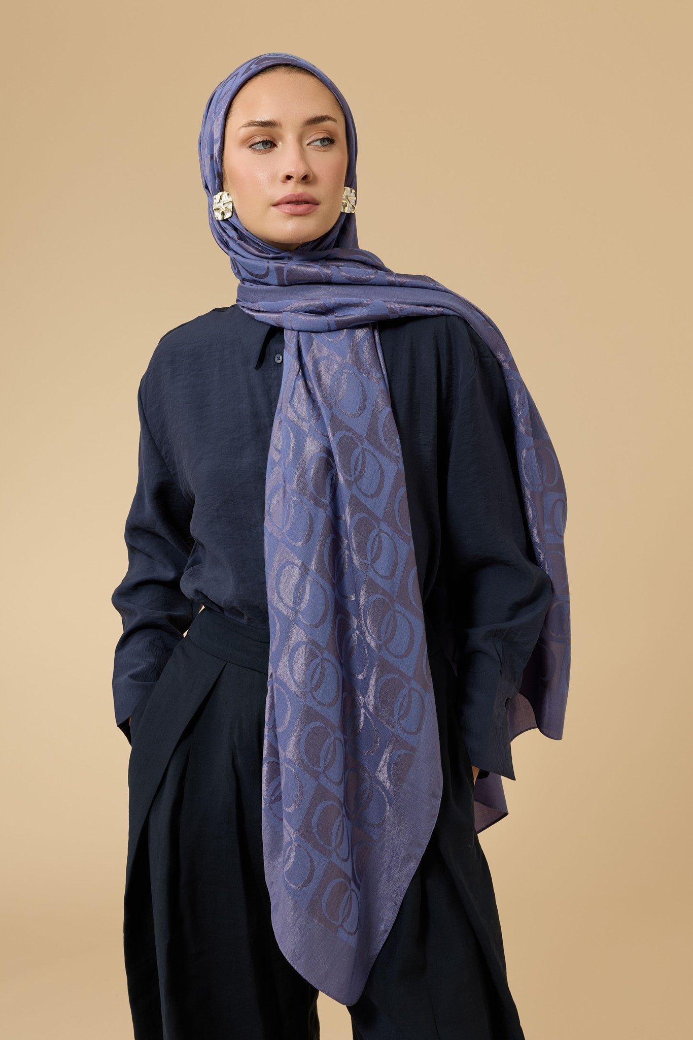 Dama Desen İndigo Naia Pamuk Şal 70x200