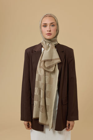 Checkerboard Pattern Beige Cotton Silk Shawl