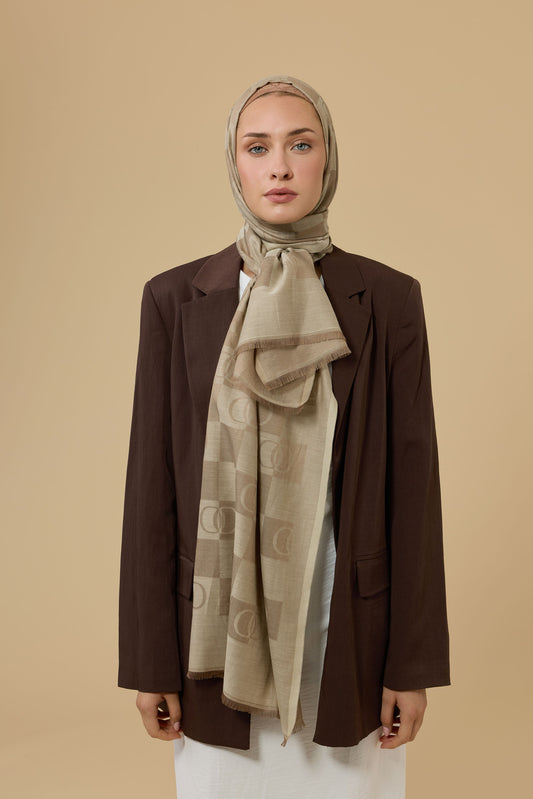 Dama Desen Bej Pamuk İpek Şal 70x190