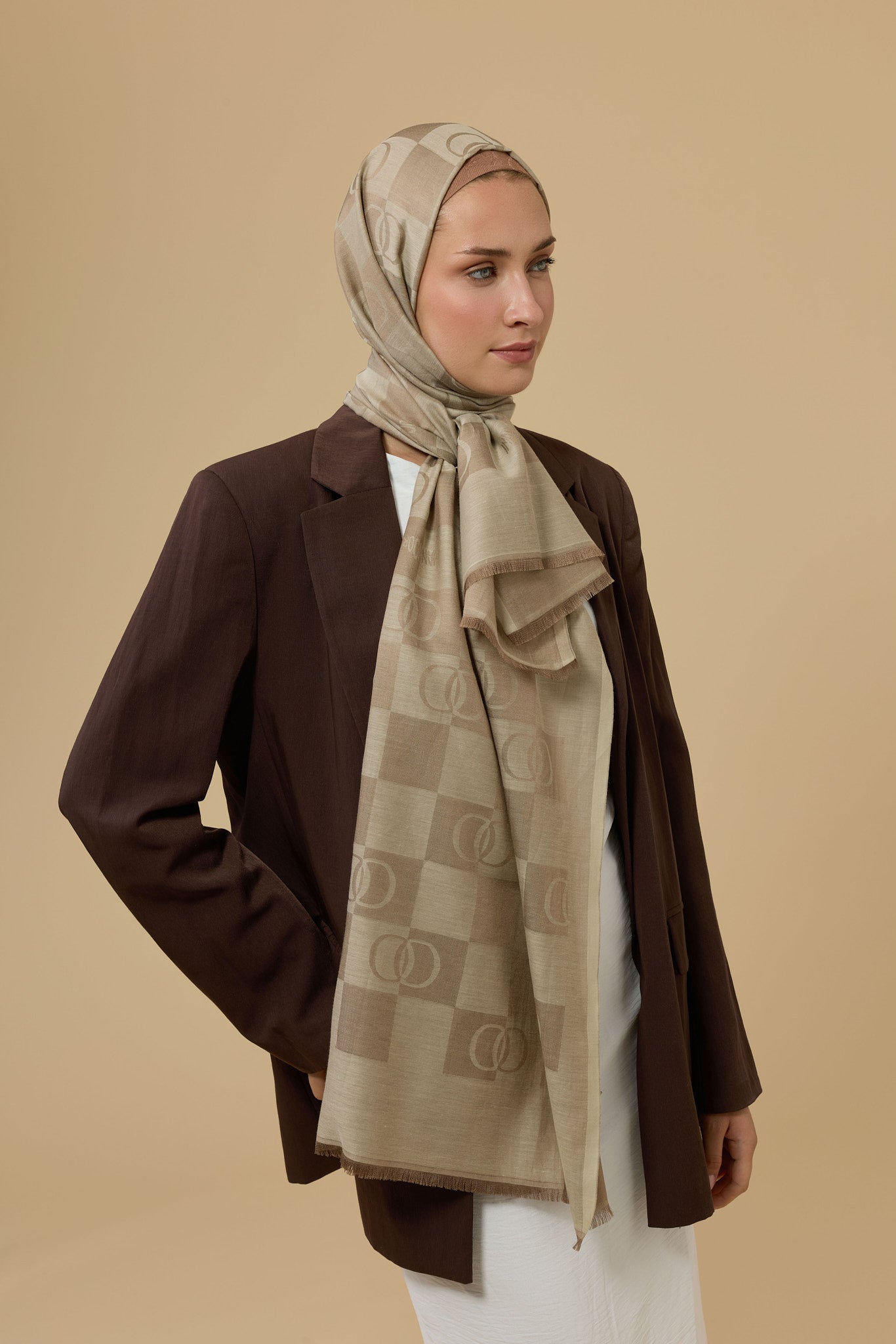 Dama Desen Bej Pamuk İpek Şal 70x190