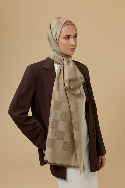 Dama Desen Bej Pamuk İpek Şal 70x190